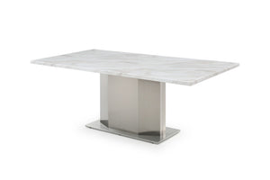 HomeRoots 79" Contemporary Gray White Silver Marble Dining Table with Stainless Steel Pedestal Base, Seats 6 555154