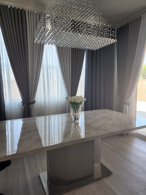 HomeRoots 79" Contemporary Gray White Silver Marble Dining Table with Stainless Steel Pedestal Base, Seats 6 555154