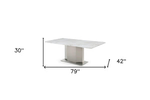 HomeRoots 79" Contemporary Gray White Silver Marble Dining Table with Stainless Steel Pedestal Base, Seats 6 555154