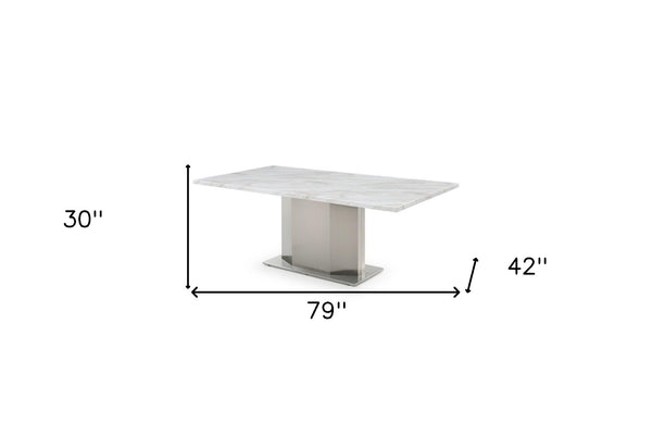 HomeRoots 79" Contemporary Gray White Silver Marble Dining Table with Stainless Steel Pedestal Base, Seats 6 555154
