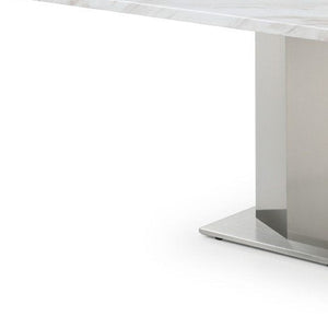 HomeRoots 79" Contemporary Gray White Silver Marble Dining Table with Stainless Steel Pedestal Base, Seats 6 555154