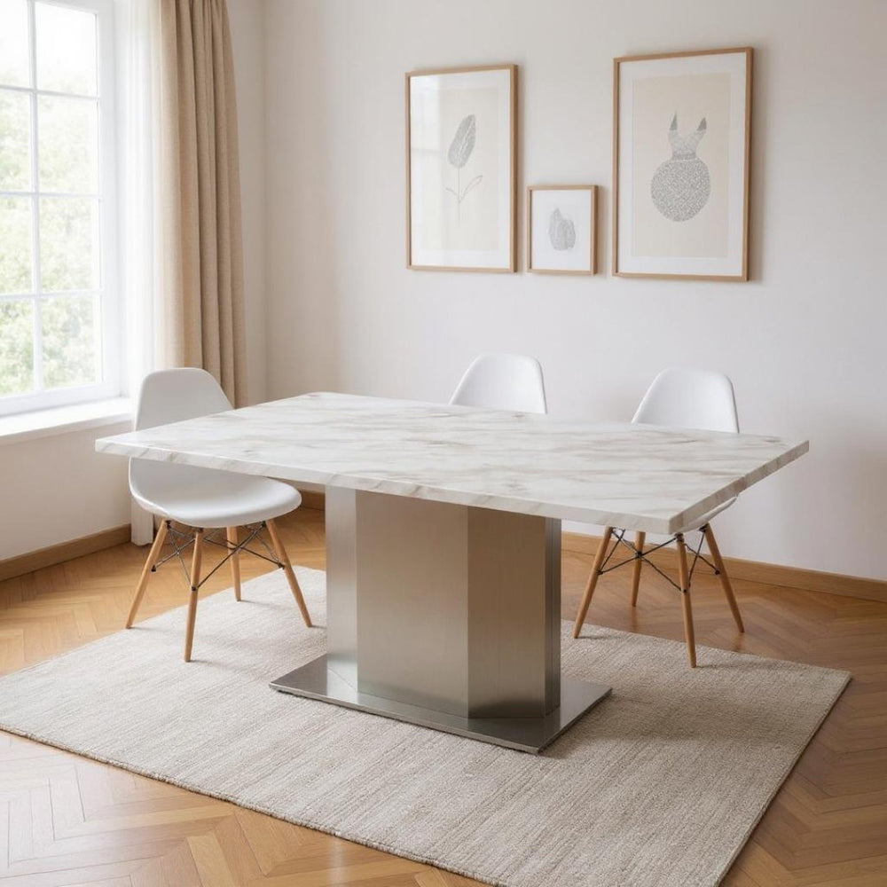 HomeRoots 79" Contemporary Gray White Silver Marble Dining Table with Stainless Steel Pedestal Base, Seats 6 555154