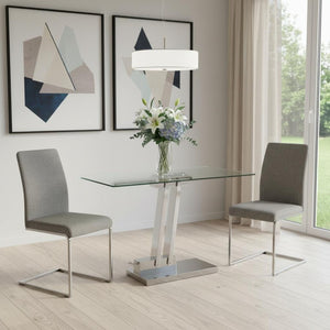 HomeRoots 72" Clear Glass & Silver Metal Pedestal Dining Table - Modern Design for Stylish Gatherings 555155