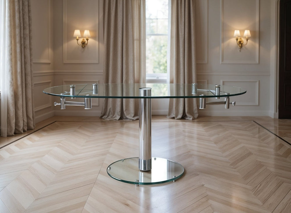 HomeRoots 40" Clear Glass and Silver Metal Extendable Dining Table with Self-Storing Leaf for Modern Elegance 555156