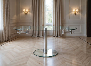 HomeRoots 40" Clear Glass and Silver Metal Extendable Dining Table with Self-Storing Leaf for Modern Elegance 555156