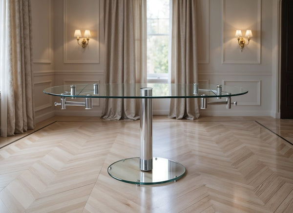 HomeRoots 40" Clear Glass and Silver Metal Extendable Dining Table with Self-Storing Leaf for Modern Elegance 555156
