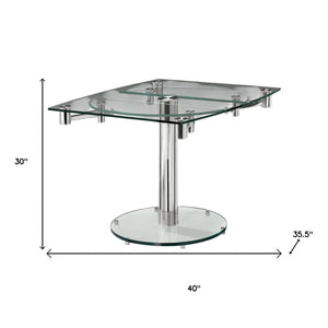 HomeRoots 40" Clear Glass and Silver Metal Extendable Dining Table with Self-Storing Leaf for Modern Elegance 555156