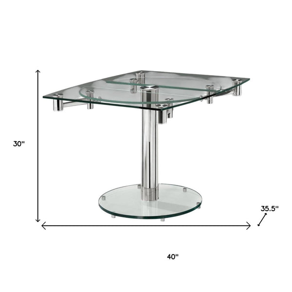 HomeRoots 40" Clear Glass and Silver Metal Extendable Dining Table with Self-Storing Leaf for Modern Elegance 555156
