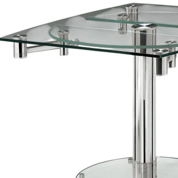 HomeRoots 40" Clear Glass and Silver Metal Extendable Dining Table with Self-Storing Leaf for Modern Elegance 555156