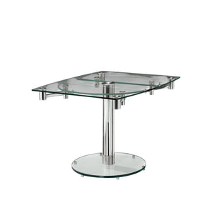 HomeRoots 40" Clear Glass and Silver Metal Extendable Dining Table with Self-Storing Leaf for Modern Elegance 555156
