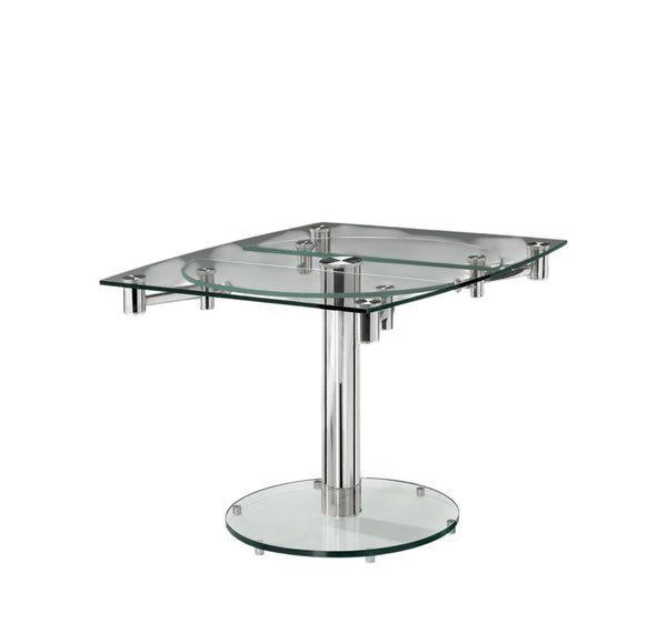 HomeRoots 40" Clear Glass and Silver Metal Extendable Dining Table with Self-Storing Leaf for Modern Elegance 555156