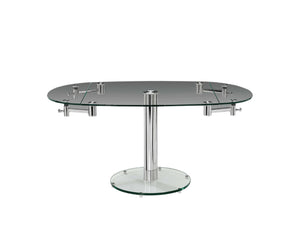 HomeRoots 40" Clear Glass and Silver Metal Extendable Dining Table with Self-Storing Leaf for Modern Elegance 555156