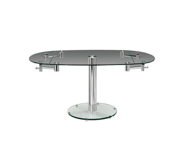 HomeRoots 40" Clear Glass and Silver Metal Extendable Dining Table with Self-Storing Leaf for Modern Elegance 555156