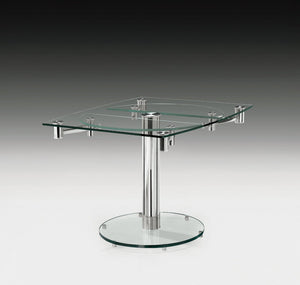 HomeRoots 50" Clear Glass and Silver Metal Dining Table with Self-Storing Leaf for Modern Elegance and Versatility 555157