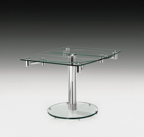HomeRoots 50" Clear Glass and Silver Metal Dining Table with Self-Storing Leaf for Modern Elegance and Versatility 555157