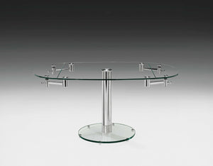 HomeRoots 50" Clear Glass and Silver Metal Dining Table with Self-Storing Leaf for Modern Elegance and Versatility 555157