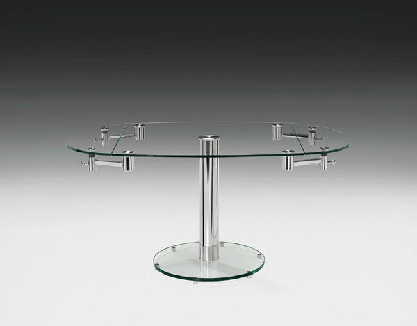 HomeRoots 50" Clear Glass and Silver Metal Dining Table with Self-Storing Leaf for Modern Elegance and Versatility 555157
