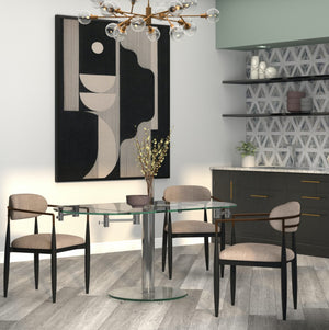 HomeRoots 50" Clear Glass and Silver Metal Dining Table with Self-Storing Leaf for Modern Elegance and Versatility 555157
