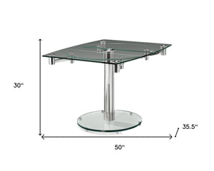 HomeRoots 50" Clear Glass and Silver Metal Dining Table with Self-Storing Leaf for Modern Elegance and Versatility 555157