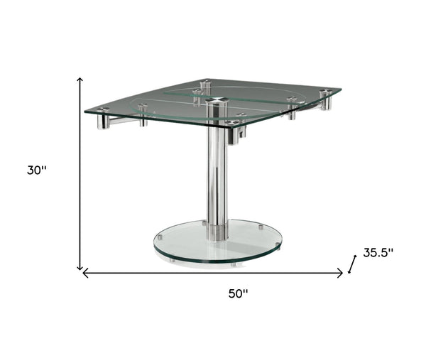 HomeRoots 50" Clear Glass and Silver Metal Dining Table with Self-Storing Leaf for Modern Elegance and Versatility 555157