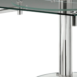 HomeRoots 50" Clear Glass and Silver Metal Dining Table with Self-Storing Leaf for Modern Elegance and Versatility 555157