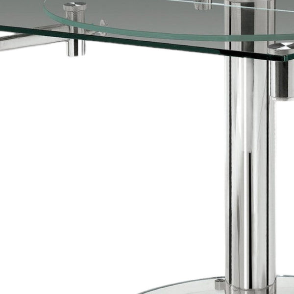 HomeRoots 50" Clear Glass and Silver Metal Dining Table with Self-Storing Leaf for Modern Elegance and Versatility 555157