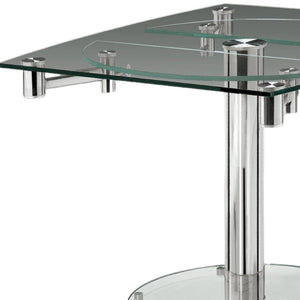 HomeRoots 50" Clear Glass and Silver Metal Dining Table with Self-Storing Leaf for Modern Elegance and Versatility 555157