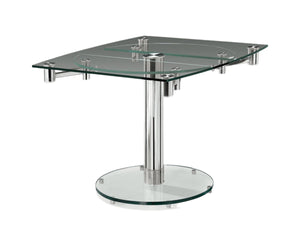 HomeRoots 50" Clear Glass and Silver Metal Dining Table with Self-Storing Leaf for Modern Elegance and Versatility 555157