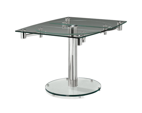HomeRoots 50" Clear Glass and Silver Metal Dining Table with Self-Storing Leaf for Modern Elegance and Versatility 555157