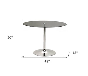 HomeRoots 42" Contemporary Clear Glass and Silver Metal Pedestal Round Dining Table for Modern Spaces 555158