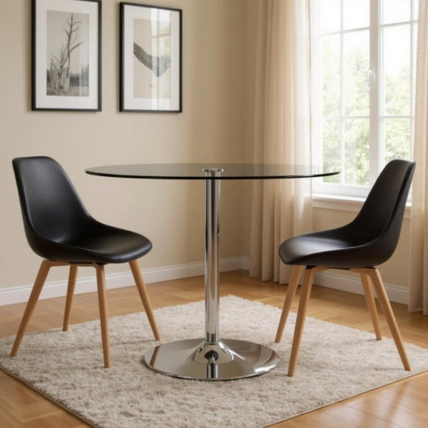 HomeRoots 42" Contemporary Clear Glass and Silver Metal Pedestal Round Dining Table for Modern Spaces 555158
