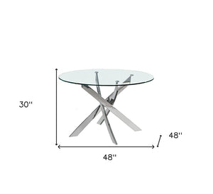 HomeRoots 48" Clear Glass Round Dining Table with Silver Cross-Leg Base - Modern Elegance for Any Space 555159