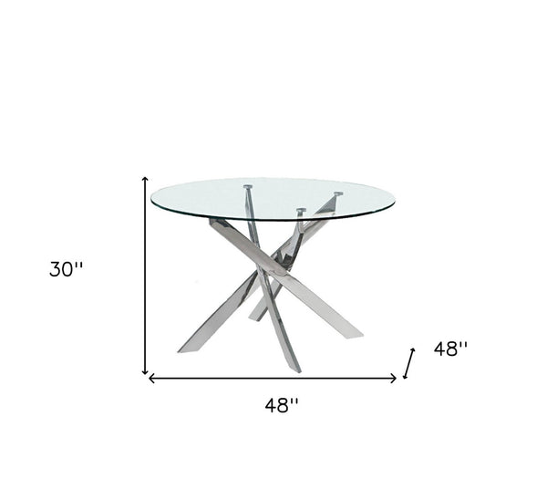 HomeRoots 48" Clear Glass Round Dining Table with Silver Cross-Leg Base - Modern Elegance for Any Space 555159