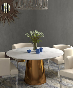 HomeRoots 54" Luxurious Gray White Gold Marble Round Dining Table with Metal Pedestal Base – Seats 6 Comfortably 555160