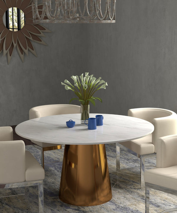 HomeRoots 54" Luxurious Gray White Gold Marble Round Dining Table with Metal Pedestal Base – Seats 6 Comfortably 555160