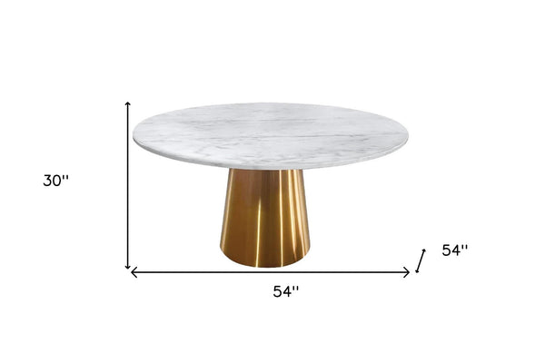 HomeRoots 54" Luxurious Gray White Gold Marble Round Dining Table with Metal Pedestal Base – Seats 6 Comfortably 555160
