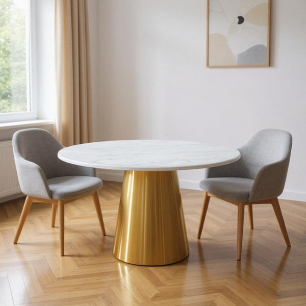HomeRoots 54" Luxurious Gray White Gold Marble Round Dining Table with Metal Pedestal Base – Seats 6 Comfortably 555160