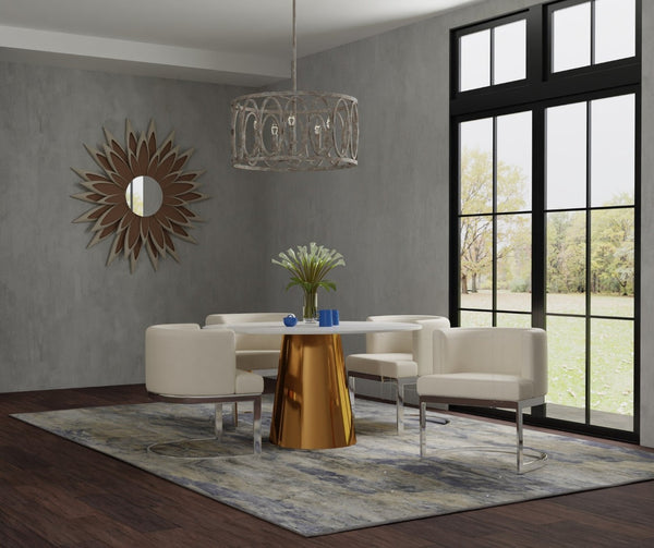HomeRoots 54" Stunning Gray and White Marble Round Dining Table with Elegant Gold Metal Base for 6 People 555161