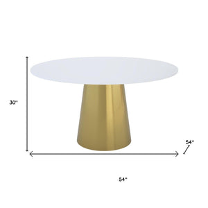 HomeRoots 54" Stunning Gray and White Marble Round Dining Table with Elegant Gold Metal Base for 6 People 555161