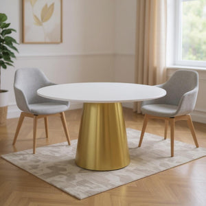 HomeRoots 54" Stunning Gray and White Marble Round Dining Table with Elegant Gold Metal Base for 6 People 555161