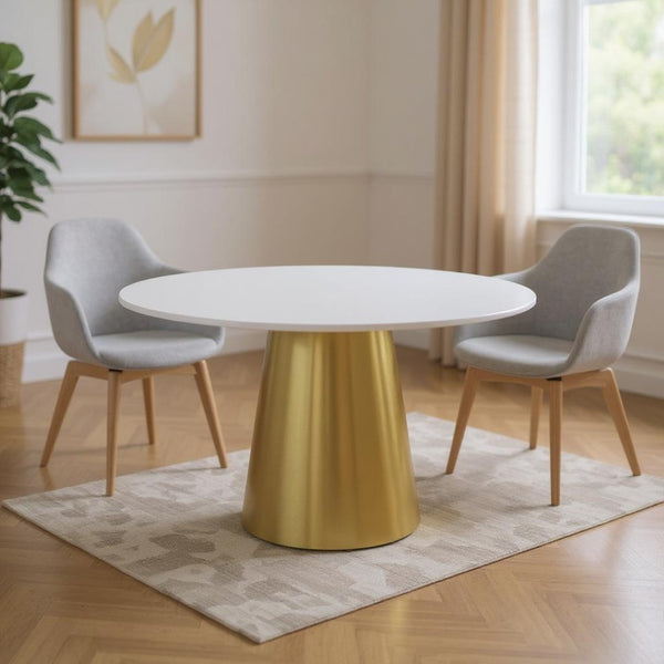 HomeRoots 54" Stunning Gray and White Marble Round Dining Table with Elegant Gold Metal Base for 6 People 555161