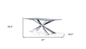 HomeRoots 87" Clear Glass Dining Table with Polished Silver Cross-Leg Base – Modern Style for 8 Guests 555162