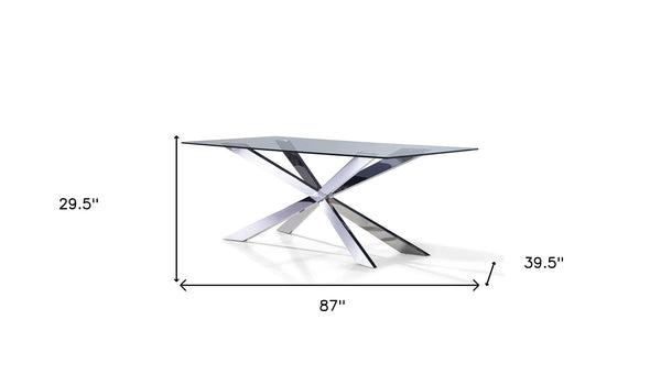 HomeRoots 87" Clear Glass Dining Table with Polished Silver Cross-Leg Base – Modern Style for 8 Guests 555162