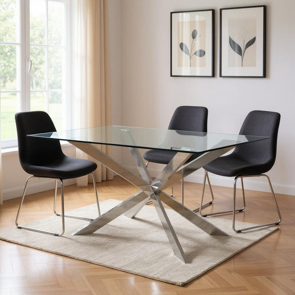 HomeRoots 87" Clear Glass Dining Table with Polished Silver Cross-Leg Base – Modern Style for 8 Guests 555162