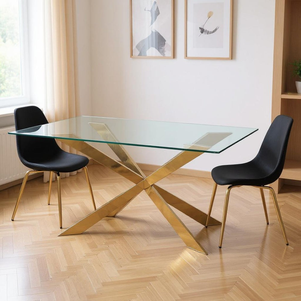 HomeRoots 87" Clear Glass Dining Table with Gold Metal Cross-Leg Base - Modern Elegance for 8 People 555163