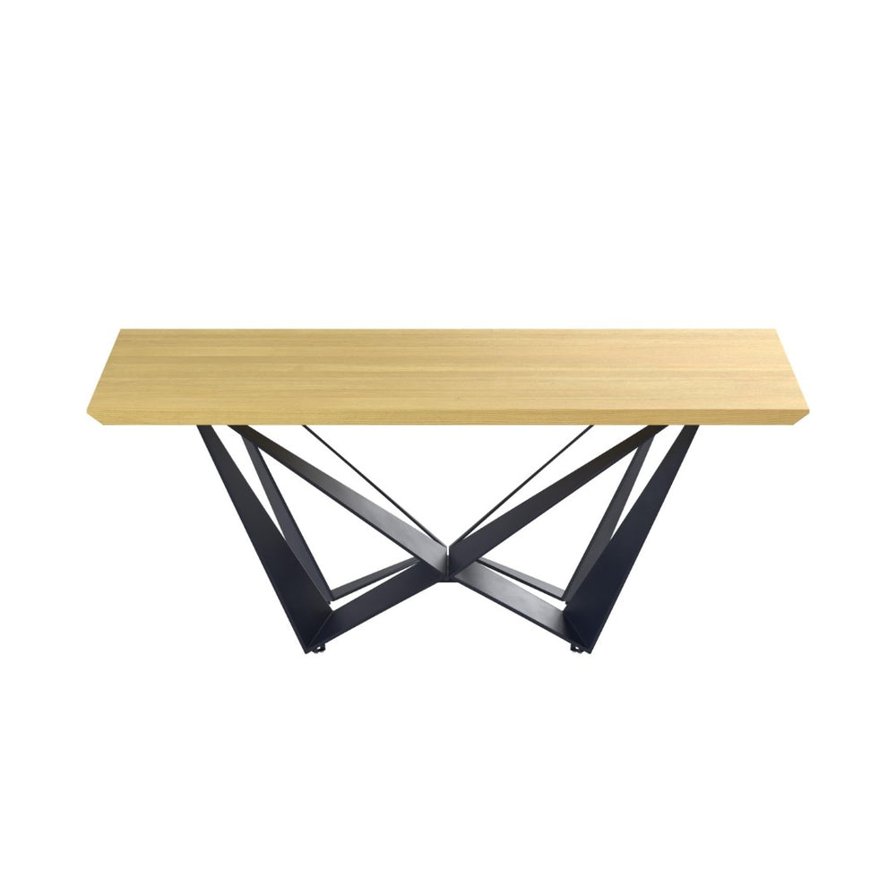 HomeRoots 79" Stylish Two-Tone Trestle Dining Table with Natural Wood and Black Metal Base, Seats 6 Comfortably 555164