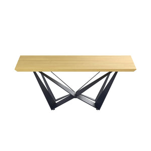 HomeRoots 79" Stylish Two-Tone Trestle Dining Table with Natural Wood and Black Metal Base, Seats 6 Comfortably 555164