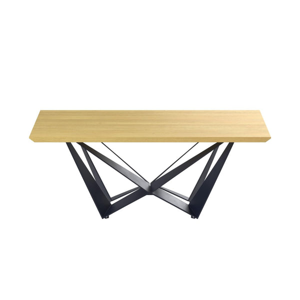 HomeRoots 79" Stylish Two-Tone Trestle Dining Table with Natural Wood and Black Metal Base, Seats 6 Comfortably 555164