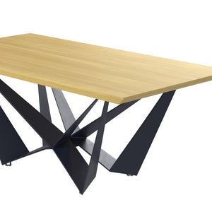HomeRoots 79" Stylish Two-Tone Trestle Dining Table with Natural Wood and Black Metal Base, Seats 6 Comfortably 555164