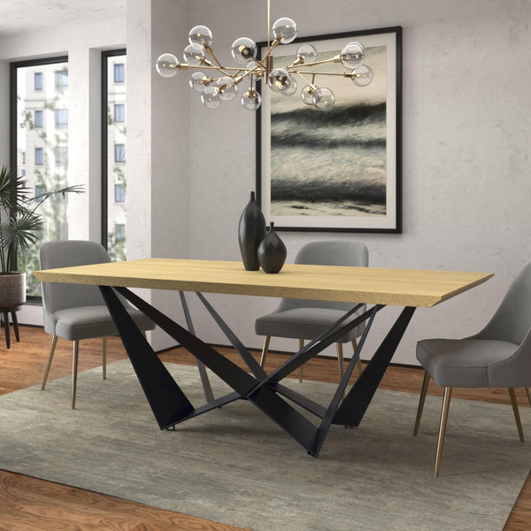 HomeRoots 79" Stylish Two-Tone Trestle Dining Table with Natural Wood and Black Metal Base, Seats 6 Comfortably 555164